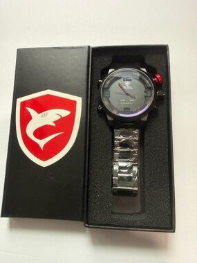 Shark-branded Black and Silver Men's Sports Watch